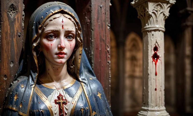 09142-3604822595-_lora_paintedpotterycd_xl-000004_0.6_,a painteda sculpture of the Virgin Mary with tears of blood on a pillar of old carved wood.jpg